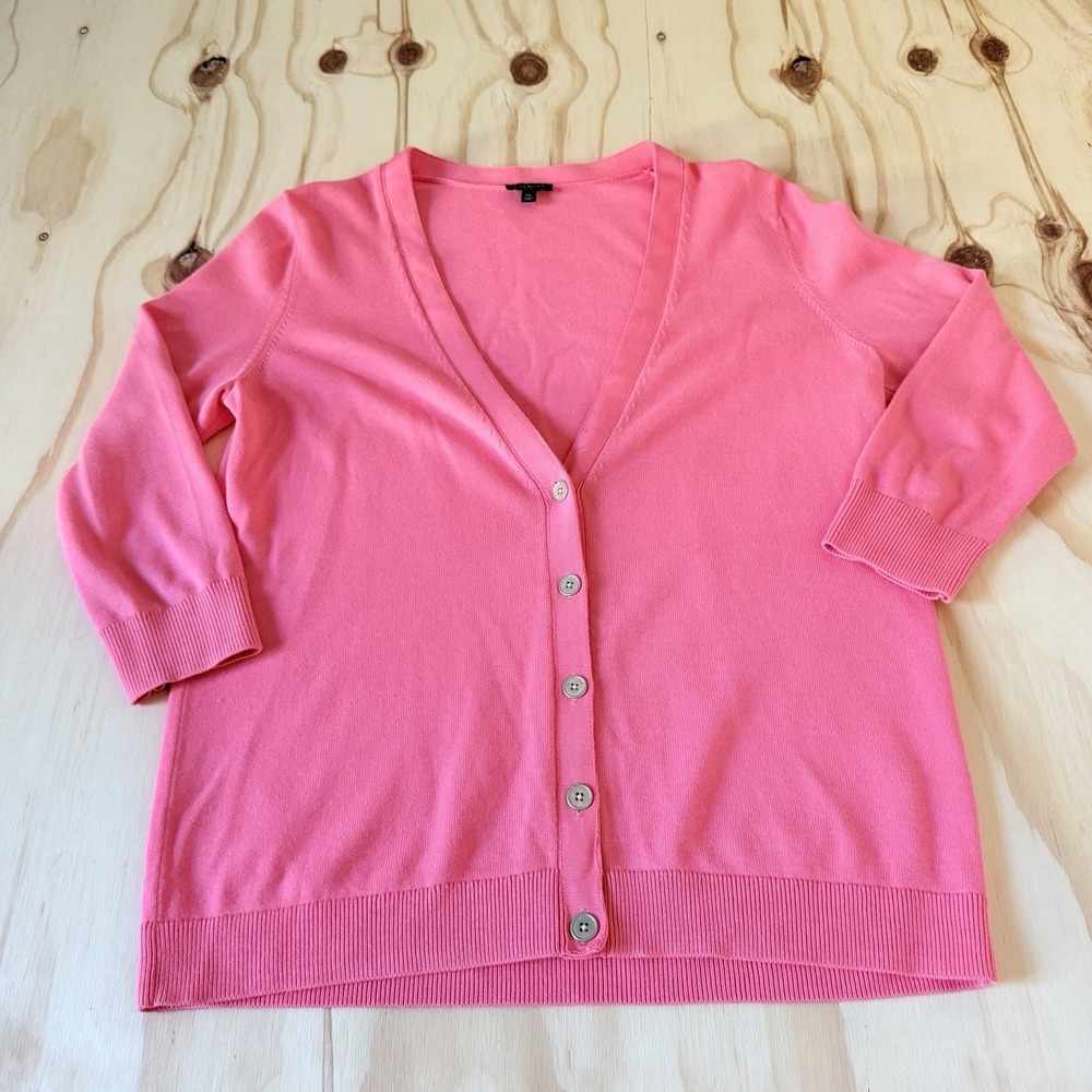 Talbots Bright Hot Pink Cardigan Sweater V Neck 3/4 Sleeve Knit Crop Barbie PM